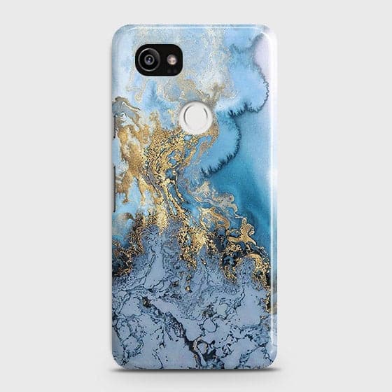 Google Pixel 2 XL - Trendy Golden & Blue Ocean Marble Printed Hard Case with Life Time Colors Guarantee b-70