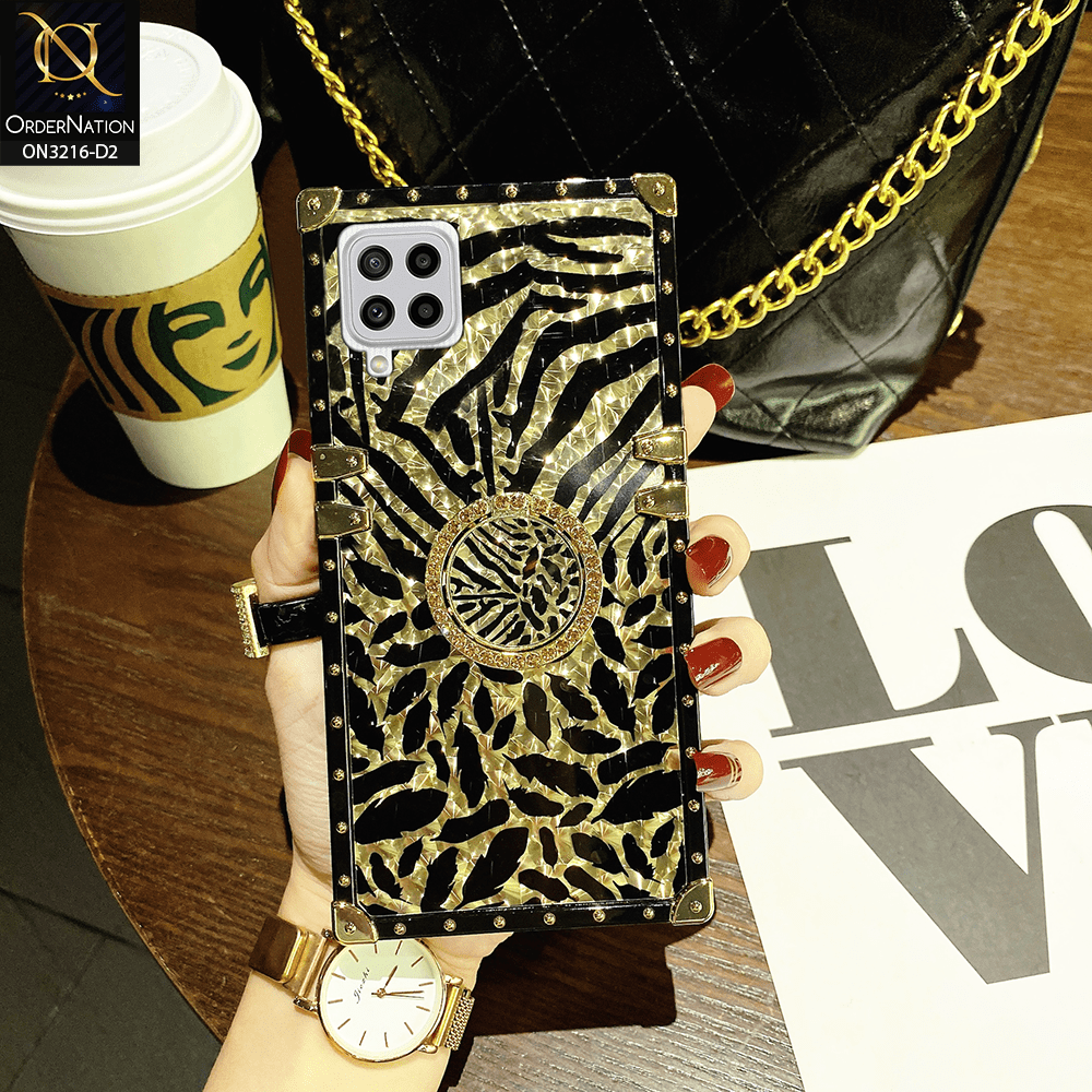 Samsung Galaxy A12 Cover - Design 2 - Trendy Stripes Pattern Golden Square Case With Matching Bling Ring Holder