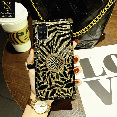 Samsung Galaxy A71 Cover - Design 2 - Trendy Stripes Pattern Golden Square Case With Matching Bling Ring Holder
