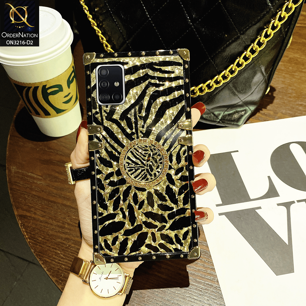 Samsung Galaxy A51 Cover - Design 2 - Trendy Stripes Pattern Golden Square Case With Matching Bling Ring Holder