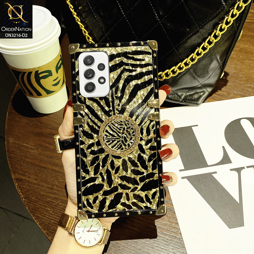 Samsung Galaxy A72 Cover - Design 2 - Trendy Stripes Pattern Golden Square Case With Matching Bling Ring Holder