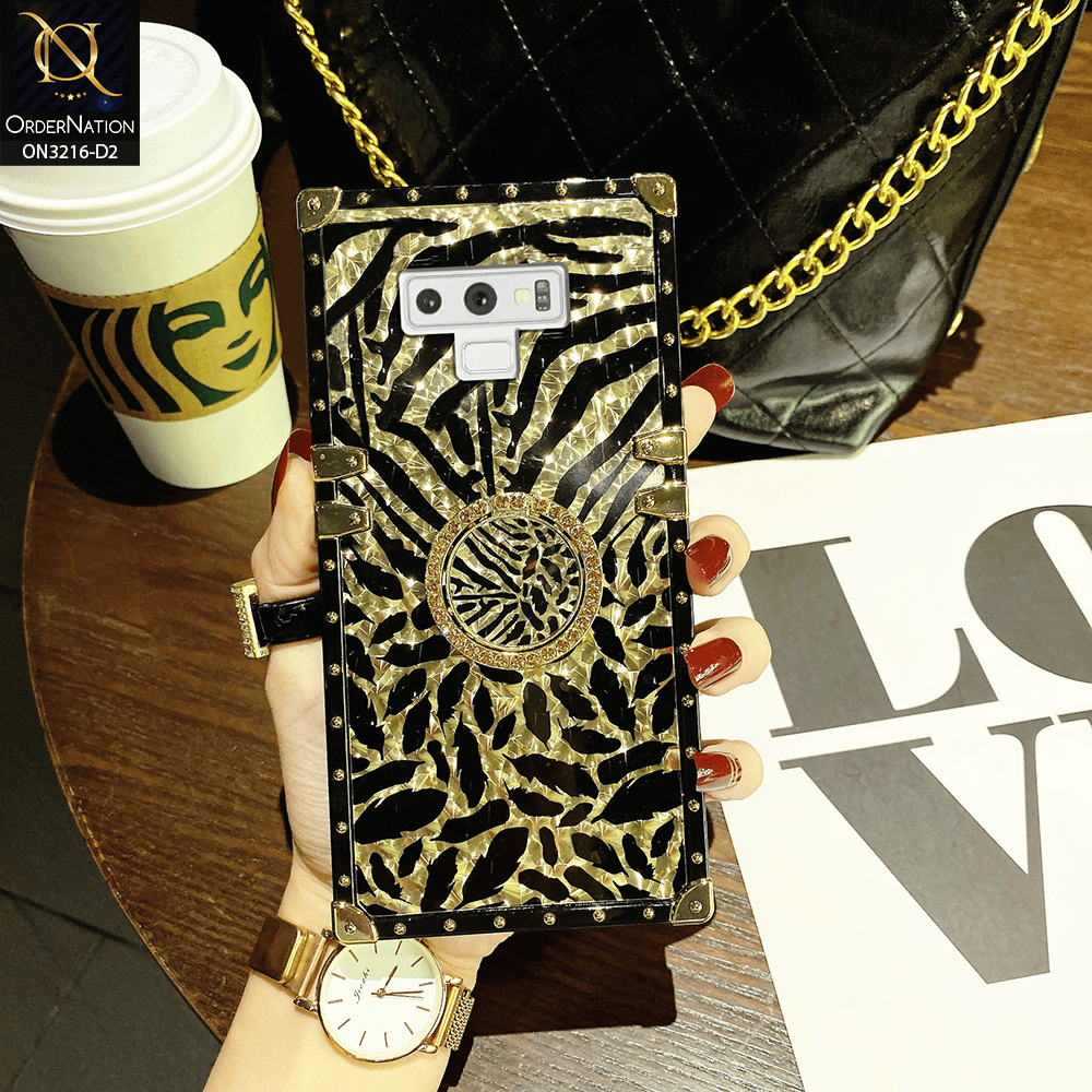 Samsung Galaxy Note 9 Cover - Design 2 - Trendy Stripes Pattern Golden Square Case With Matching Bling Ring Holder