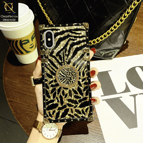 iPhone XS Max Cover - Design 2 - Trendy Stripes Pattern Golden Square Case With Matching Bling Ring Holder