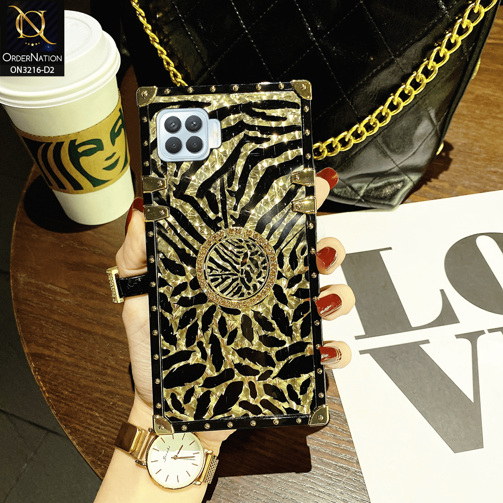 Oppo A73 Cover - Design 2 - Trendy Stripes Pattern Golden Square Case With Matching Bling Ring Holder