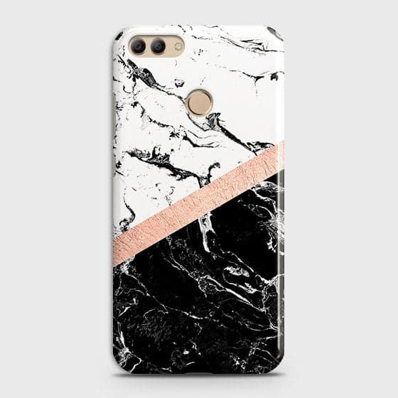 Huawei Y9 2018 Cover - Black & White Marble With Chic RoseGold Strip Case with Life Time Colors Guarantee