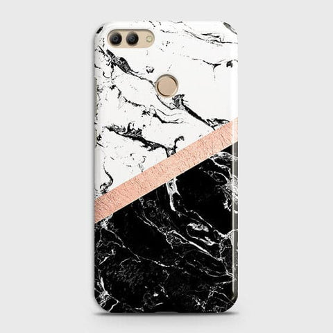 Huawei Y9 2018 Cover - Black & White Marble With Chic RoseGold Strip Case with Life Time Colors Guarantee