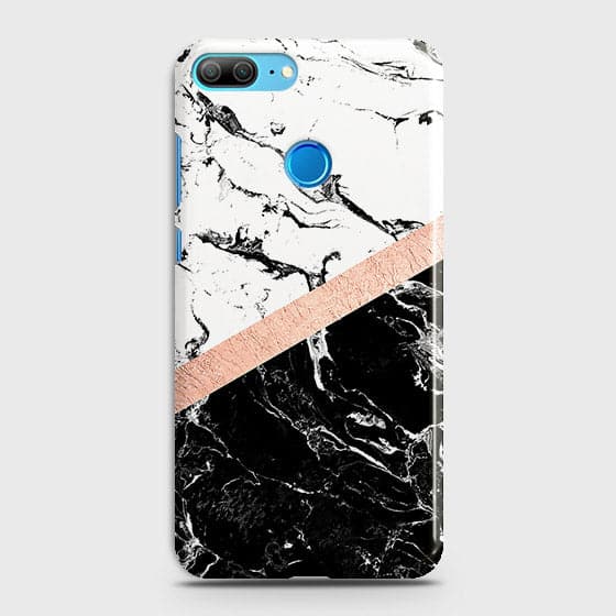 Huawei Honor 9 Lite Cover - Black & White Marble With Chic RoseGold Strip Case with Life Time Colors Guarantee
