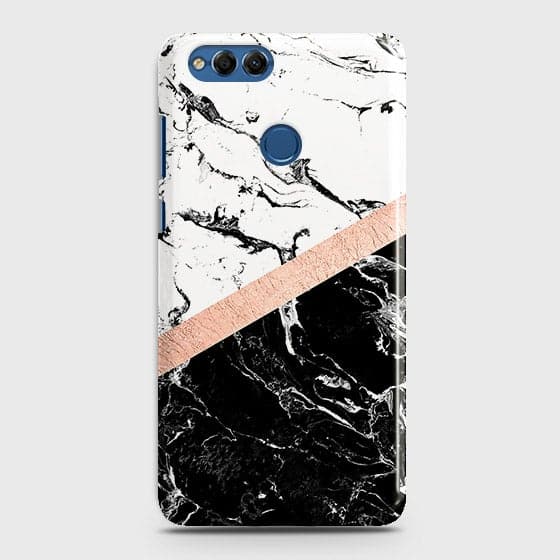 Huawei Honor 7X Cover - Black & White Marble With Chic RoseGold Strip Case with Life Time Colors Guarantee