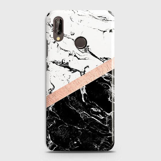 Huawei Nova 3 Cover - Black & White Marble With Chic RoseGold Strip Case with Life Time Colors Guarantee