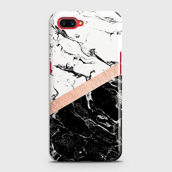 Oppo A3S Cover - Black & White Marble With Chic RoseGold Strip Case with Life Time Colors Guarantee