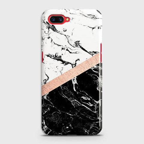 Oppo A5 Cover - Black & White Marble With Chic RoseGold Strip Case with Life Time Colors Guarantee