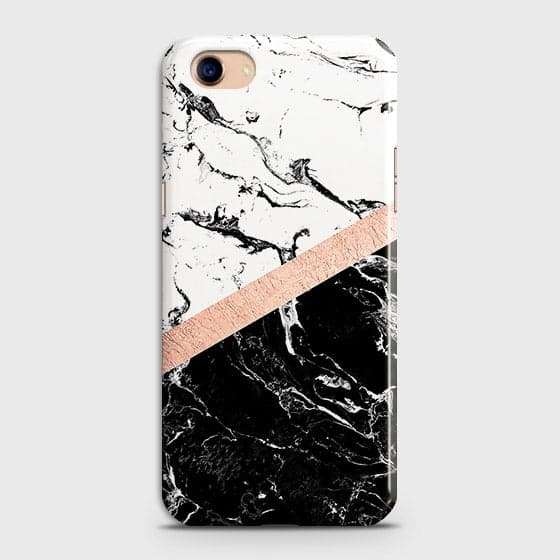 Oppo A83 Cover - Black & White Marble With Chic RoseGold Strip Case with Life Time Colors Guarantee