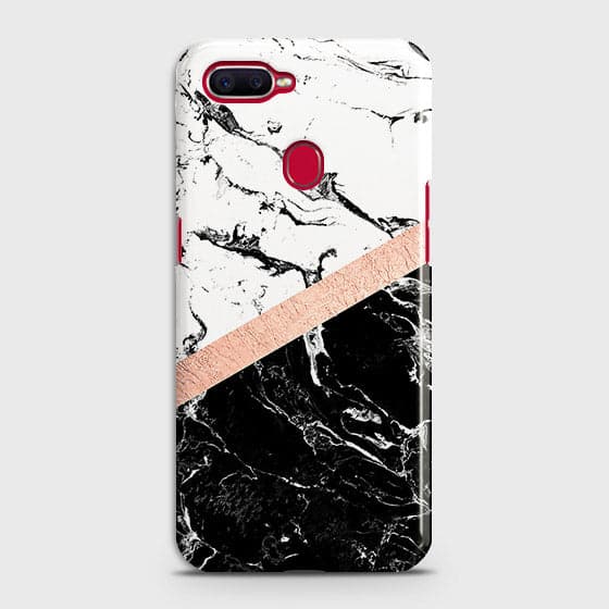 Oppo F9 Cover - Black & White Marble With Chic RoseGold Strip Case with Life Time Colors Guarantee