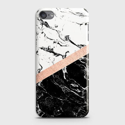 iPod Touch 6 Cover - Black & White Marble With Chic RoseGold Strip Case with Life Time Colors Guarantee