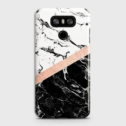 LG G6 Cover - Black & White Marble With Chic RoseGold Strip Case with Life Time Colors Guarantee