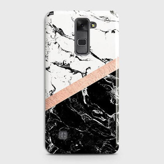 LG Stylus 2 / Stylus 2 Plus / Stylo 2 / Stylo 2 Plus Cover - Black & White Marble With Chic RoseGold Strip Case with Life Time Colors Guarantee b-75