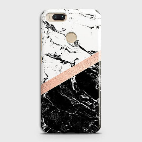 Xiaomi Mi A1 Cover - Black & White Marble With Chic RoseGold Strip Case with Life Time Colors Guarantee