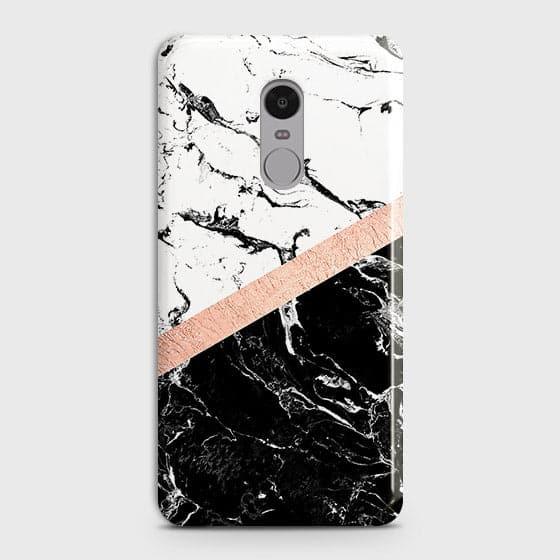 Xiaomi Redmi 4X Cover - Black & White Marble With Chic RoseGold Strip Case with Life Time Colors Guarantee