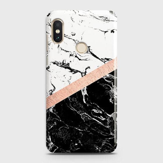 Xiaomi Redmi S2 Cover - Black & White Marble With Chic RoseGold Strip Case with Life Time Colors Guarantee