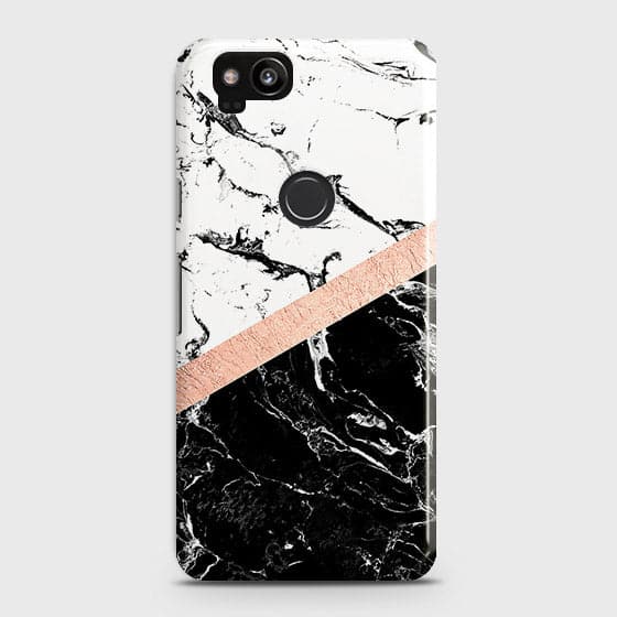 Google Pixel 2 Cover - Black & White Marble With Chic RoseGold Strip Case with Life Time Colors Guarantee