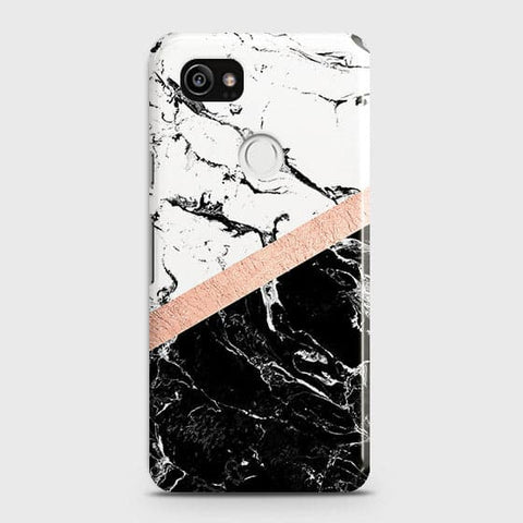 Google Pixel 2 XL Cover - Black & White Marble With Chic RoseGold Strip Case with Life Time Colors Guarantee
