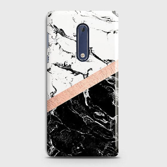 Nokia 5 Cover - Black & White Marble With Chic RoseGold Strip Case with Life Time Colors Guarantee
