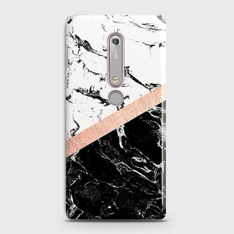 Nokia 6.1 Cover - Black & White Marble With Chic RoseGold Strip Case with Life Time Colors Guarantee