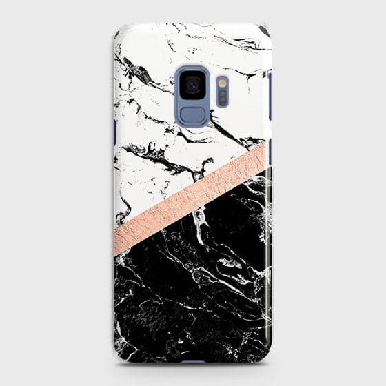 Samsung Galaxy S9 Cover - Black & White Marble With Chic RoseGold Strip Case with Life Time Colors Guarantee
