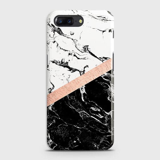 OnePlus 5 Cover - Black & White Marble With Chic RoseGold Strip Case with Life Time Colors Guarantee