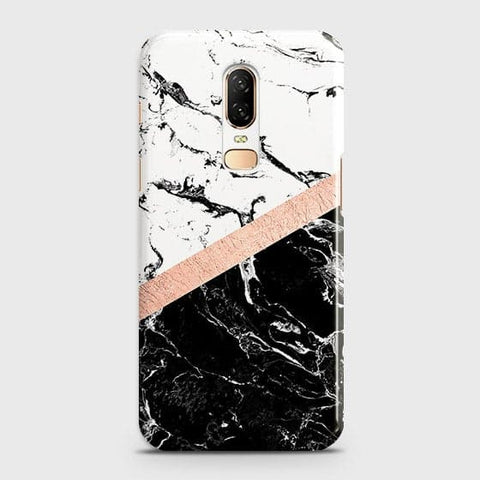 Printed Black & White Marble With Chic RoseGold Strip Case with Life Time Color Guarantee For OnePlus 6