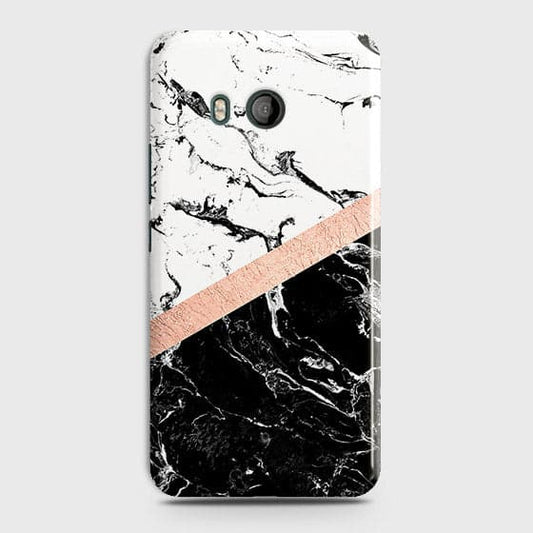 HTC U11m Cover - Black & White Marble With Chic RoseGold Strip Case with Life Time Colors Guarantee