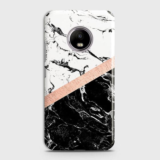 Motorola E4 Cover - Black & White Marble With Chic RoseGold Strip Case with Life Time Colors Guarantee
