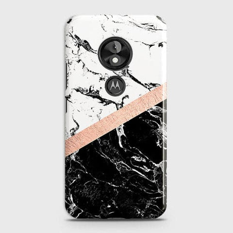 Motorola E5 Cover - Black & White Marble With Chic RoseGold Strip Case with Life Time Colors Guarantee