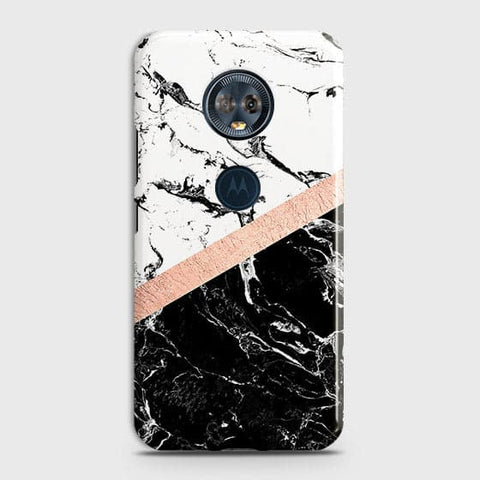 Motorola E5 Plus Cover - Black & White Marble With Chic RoseGold Strip Case with Life Time Colors Guarantee