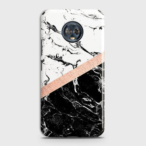 Motorola Moto G6 Plus Cover - Black & White Marble With Chic RoseGold Strip Case with Life Time Colors Guarantee