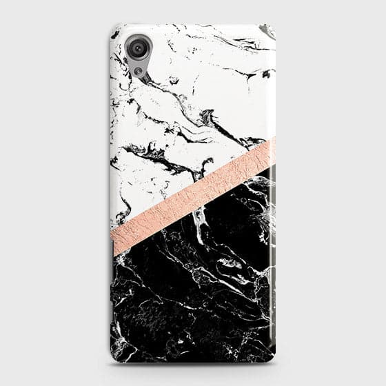 Sony Xperia XA Cover - Black & White Marble With Chic RoseGold Strip Case with Life Time Colors Guarantee