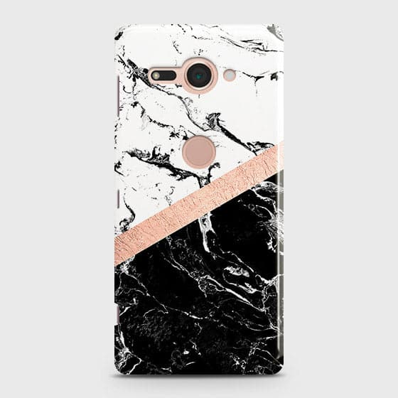 Sony Xperia XZ2 Compact Cover - Black & White Marble With Chic RoseGold Strip Case with Life Time Colors Guarantee