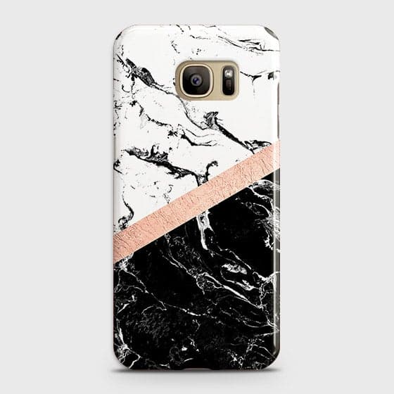 Samsung Galaxy S7 Edge Cover - Black & White Marble With Chic RoseGold Strip Case with Life Time Colors Guarantee
