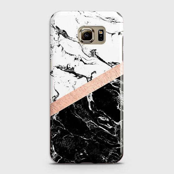 Samsung Galaxy S6 Edge Cover - Black & White Marble With Chic RoseGold Strip Case with Life Time Colors Guarantee