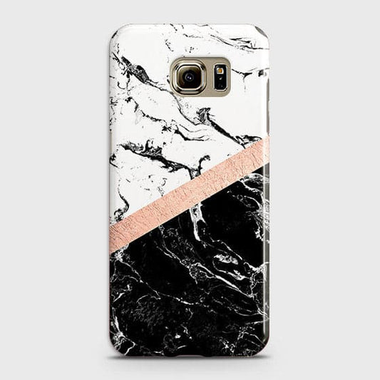 Samsung Galaxy S6 Cover - Black & White Marble With Chic RoseGold Strip Case with Life Time Colors Guarantee