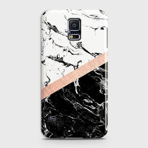 Samsung Galaxy S5 Cover - Black & White Marble With Chic RoseGold Strip Case with Life Time Colors Guarantee