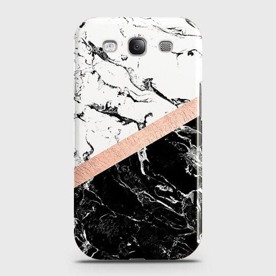 Samsung Galaxy S3 Cover - Black & White Marble With Chic RoseGold Strip Case with Life Time Colors Guarantee