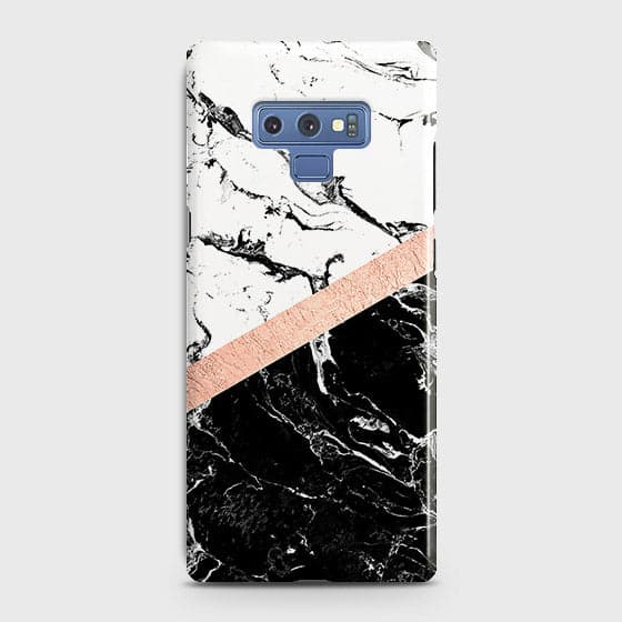 Samsung Galaxy Note 9 Cover - Black & White Marble With Chic RoseGold Strip Case with Life Time Colors Guarantee