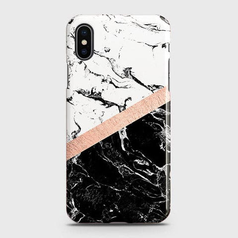 iPhone XS Max Cover - Black & White Marble With Chic RoseGold Strip Case with Life Time Colors Guarantee