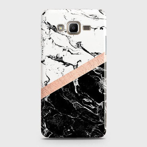 Samsung Galaxy Grand Prime / Grand Prime Plus / J2 Prime Cover - Black & White Marble With Chic RoseGold Strip Case with Life Time Colors Guarantee B75