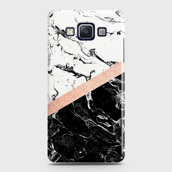 Samsung A5 Cover - Black & White Marble With Chic RoseGold Strip Case with Life Time Colors Guarantee