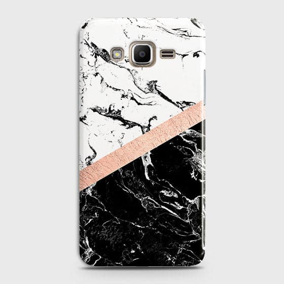 Samsung Galaxy J7 Cover - Black & White Marble With Chic RoseGold Strip Case with Life Time Colors Guarantee