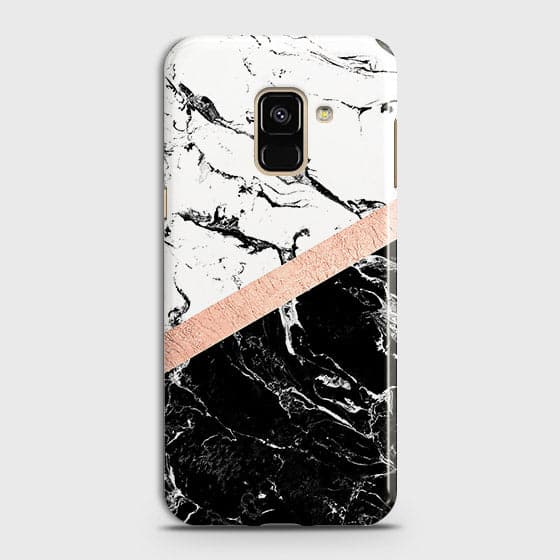 Samsung A8 2018 Cover - Black & White Marble With Chic RoseGold Strip Case with Life Time Colors Guarantee