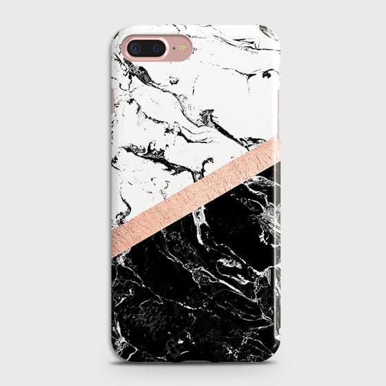 iPhone 7 Plus & iPhone 8 Plus Cover - Black & White Marble With Chic RoseGold Strip Case with Life Time Colors Guarantee(B31)