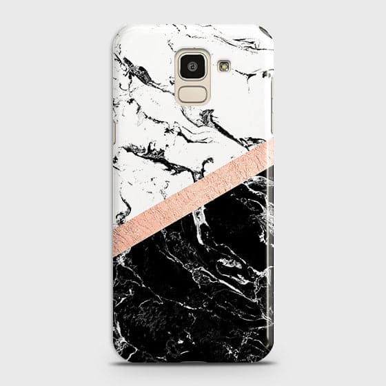 Samsung J6 2018 Cover - Black & White Marble With Chic RoseGold Strip Case with Life Time Colors Guarantee